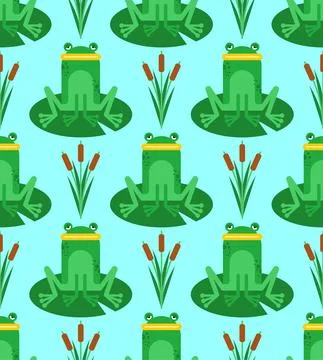 Frog cartoon pattern seamless. frog sitting on lily background. Swamp with fr Stock Illustration
