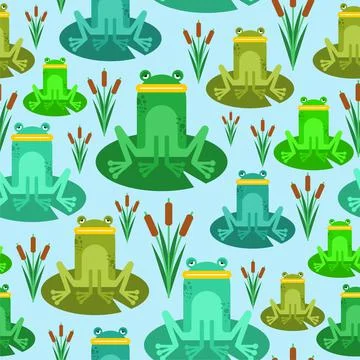 Frog cartoon pattern seamless. frog sitting on lily background. Swamp with fr Stock Illustration
