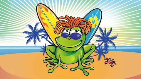Frog cartoon on summer background with surfboard Video stock 127620138