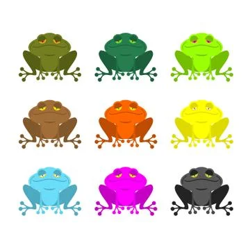 Frog color Set . Colored toads. Woody Orange frog. Yellow and blue fantastic  Stock Illustration
