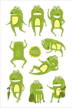Frog Cute Character In Different Poses Childish Stickers 스톡 일러스트