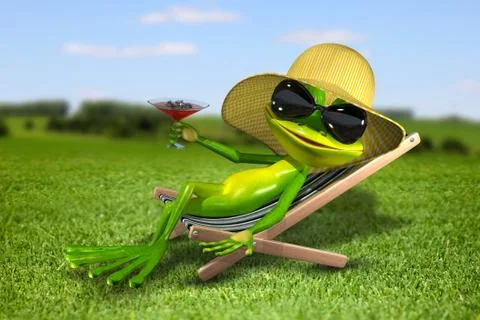 Frog in a deck chair on the grass Stock Illustration