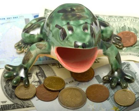Frog on denominations. Stock Photos