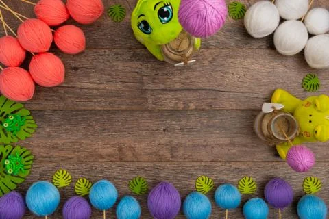 Frog elements on wooden background, with copy space Stock Photos