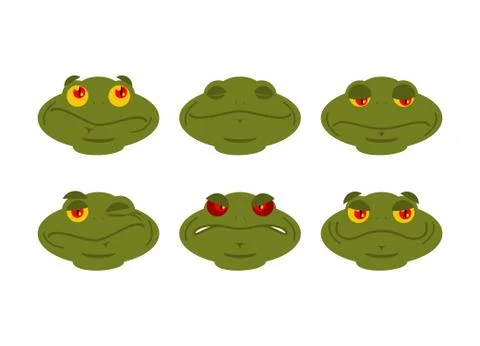 Frog emoji set. toad Avatar Good and evil amphibious. Sleeps and winks. Joy.. Stock Illustration