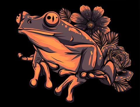 Frog with flower on black background vector illustration Stock Illustration