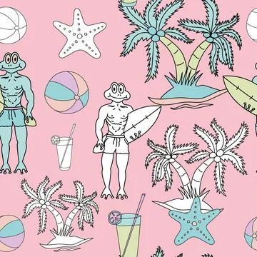 Frog head, Frog man, Surfing, Coconut tree, Sea fish, Cool drinks, Volleyball Illustration