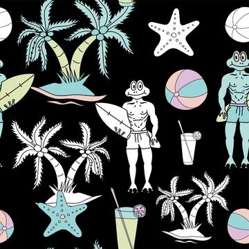 Frog head, Frog man, Surfing, Coconut tree, Sea fish, Cool drinks, Volleyball Stock-Illustration