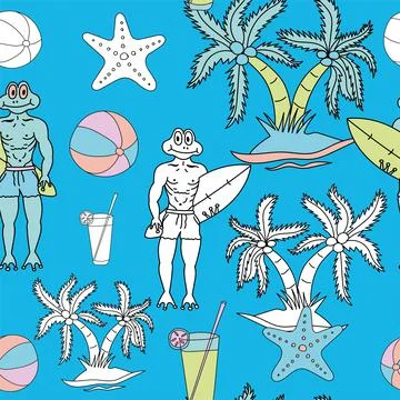Frog head, Frog man, Surfing, Coconut tree, Sea fish, Cool drinks, Volleyball Stock Illustration