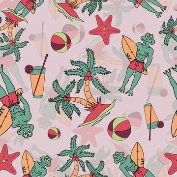 Frog head, Frog man, Surfing, Coconut tree, Sea fish, Cool drinks, Volleyball Stock Illustration