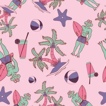 Frog head, Frog man, Surfing, Coconut tree, Sea fish, Cool drinks, Volleyball Stock Illustration