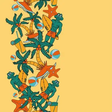Frog head, Frog man, Surfing, Coconut tree, Sea fish, Cool drinks, Volleyball Stock Illustration