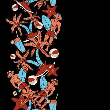 Frog head, Frog man, Surfing, Coconut tree, Sea fish, Cool drinks, Volleyball Stock Illustration
