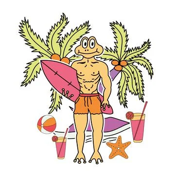 Frog head, Frog man, Surfing, Coconut tree, Sea fish, Cool drinks, Volleyball Stock Illustration