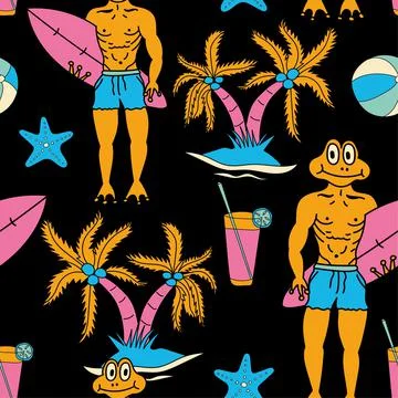 Frog head, Frog man, Surfing, Coconut tree, Sea fish, Cool drinks, Volleyball Stock-Illustration