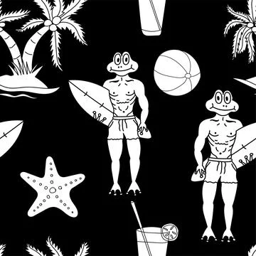 Frog head, Frog man, Surfing, Coconut tree, Sea fish, Cool drinks, Volleyball Stock Illustration