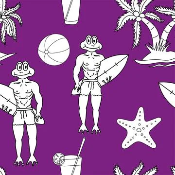 Frog head, Frog man, Surfing, Coconut tree, Sea fish, Cool drinks, Volleyball Stock Illustration