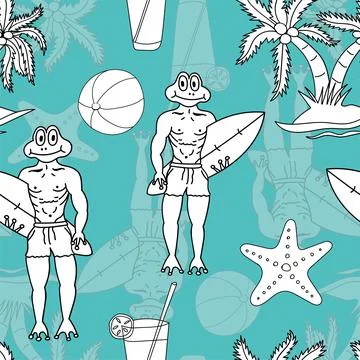 Frog head, Frog man, Surfing, Coconut tree, Sea fish, Cool drinks, Volleyball Stock-Illustration