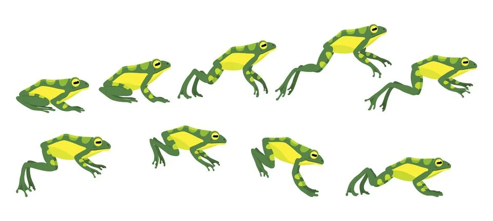 Frog jumping animation icon set. Sequences or footage for motion design. Cartoon Stock Illustration