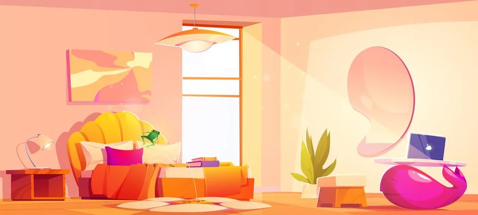Frog jumps on bed in bright empty bedroom Stock Illustration