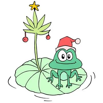 Frog on a leaf wearing a Christmas hat Stock Illustration