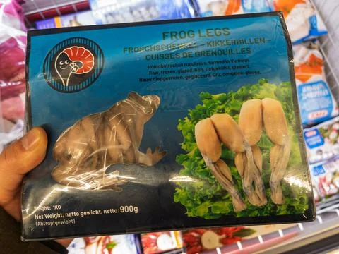 Frog Legs Packaging Displayed in a Freezer Stock Photos