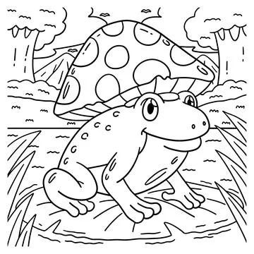 Frog with Mushroom Hat Coloring Page for Kids Illustrazione stock