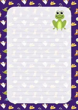 Frog. Note paper. Page. Halloween notebook sheet. Cartoon, flat, vector Stock Illustration