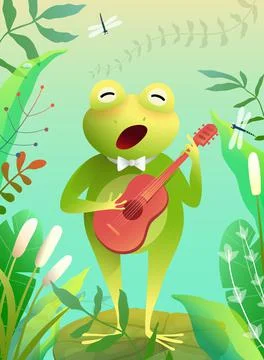 Frog or Toad Singing and Playing Guitar on Swamp Stock Illustration