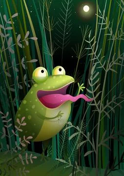Frog or Toad Singing in a Swamp Grass at Night Stock Illustration