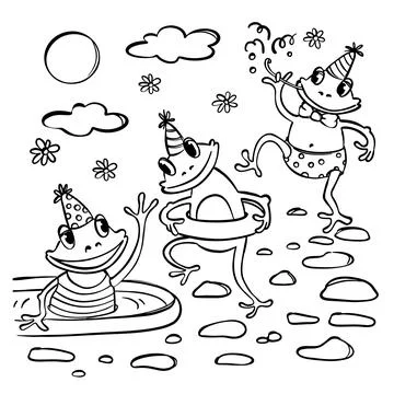 FROG POOL PARTY COLORING BOOK Cartoon Vector Illustration Stock Illustration