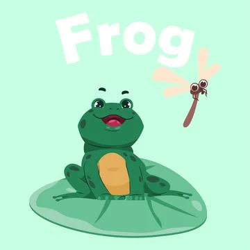 Frog pose. Cartoon green toad sitting on water lily leaf. Jumping animal. Pond Stock Illustration