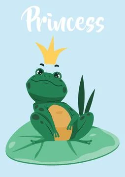 Frog pose. Green froglet with princess crown. Funny aquatic animal sitting on 스톡 일러스트
