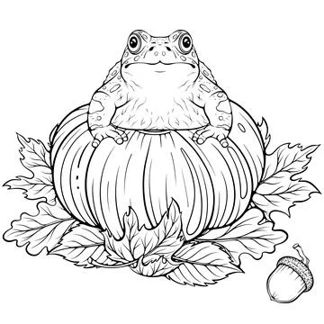 Frog on a pumpkin line art Stock Illustration