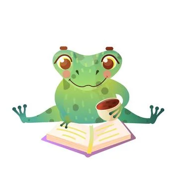Frog reading and drink coffee or tea.  스톡 일러스트