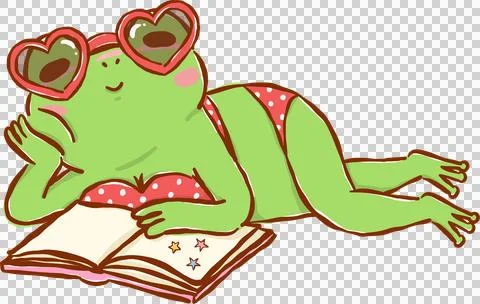 Frog Reading Book in Bikini, Summer Bookish Animal Cartoon Hand Drawn Stock Illustration