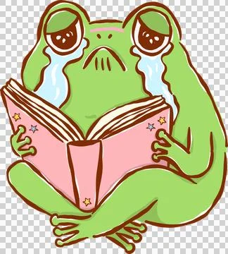 Frog Reading Book Crying, Chaos Bookish Animal Cartoon Hand Drawn Stock Illustration