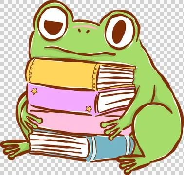 Frog Reading Book Holding Stack books, Chaos Bookish Animal Cartoon Hand Draw Stock Illustration