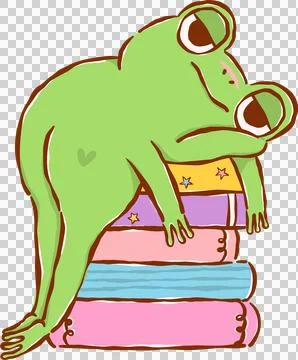 Frog Reading Book Resting on Stack Book,  Chaos Bookish Animal Cartoon Hand.. Stock Illustration