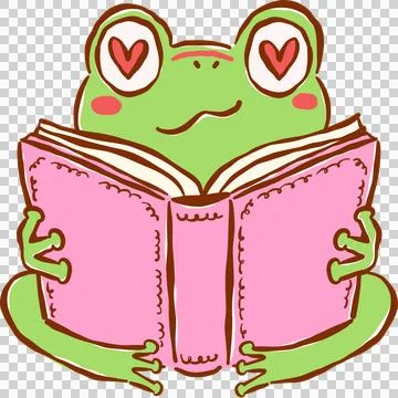 Frog Reading Book, Romance Bookish Animal in love Cartoon Hand Drawn Stock Illustration