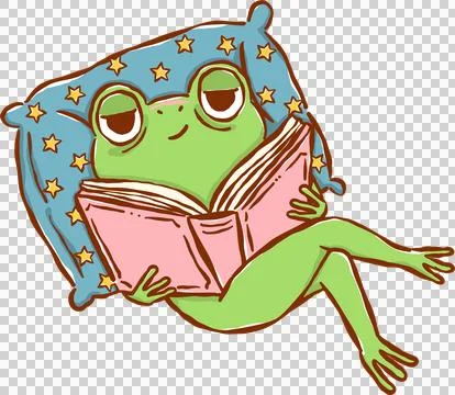 Frog Reading Book Sleepy Face, Chaos Bookish Animal Cartoon Hand Drawn Stock Illustration
