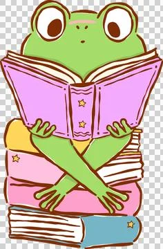 Frog Reading Book on Stack books, Chaos Bookish Animal Cartoon Hand Drawn Stock Illustration