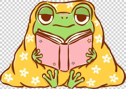 Frog Reading Book under Cozy Blanket, Chaos Bookish Animal Cartoon Hand Drawn Stock Illustration