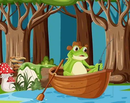 Frog rowing boat in the stream in the forest scene Illustrazione stock