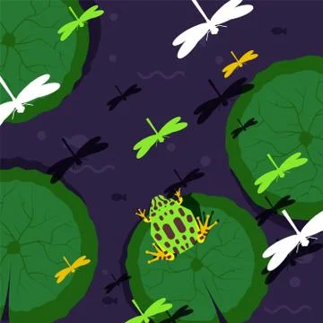 Frog sitting on water lily vector illustration with green amphibian animal and Illustrazione stock