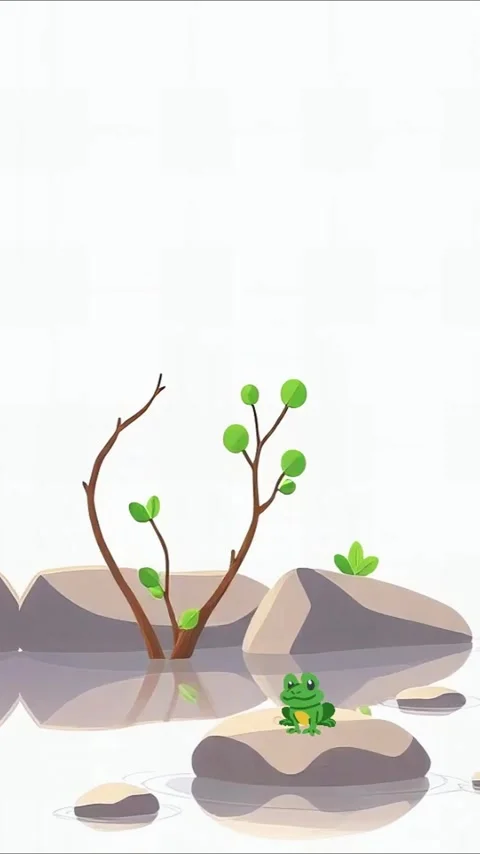 Frog on Stone with Tree - Serene Animated Scene Stock Footage 305729566