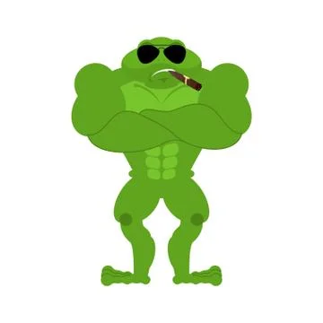 Frog Strong Cool serious. Toad smoking cigar emoji. Anuran strict. Vector ill Illustrazione stock