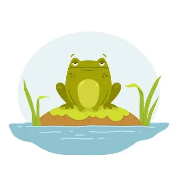 A frog in a swamp. Toad sits on a rock. Cute flat hand drawn character. Stock Illustration