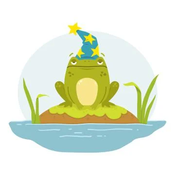 A frog in a swamp in a wizard's hat. Toad  Merlin. Cute flat hand drawn chara Stock Illustration