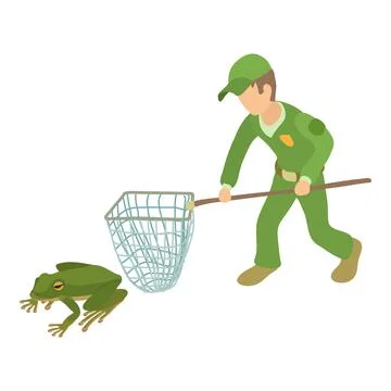Frog trapping icon isometric vector. Man in uniform with landing net near frog Stock Illustration